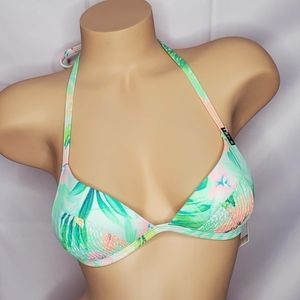 Push Up Smocked Green Tropical Swim Bikini Top